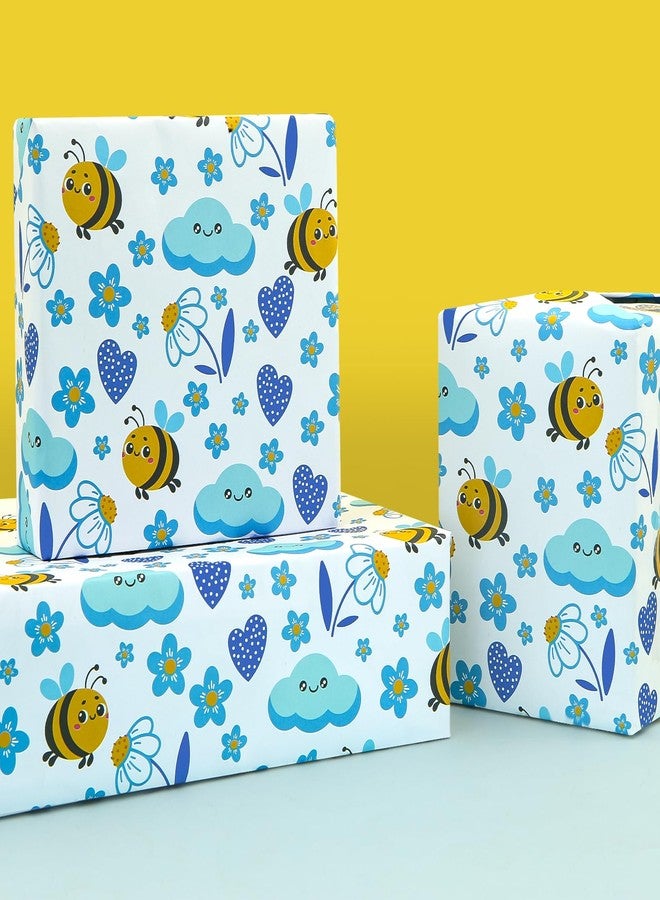 Boerni Bee Gift Wrapping Paper for Kids Girls Boys, Lovely Blue Designs Flowers Cloud Heart Bee Patterns, Spring Summer BumbleBee Folded Flat Gift Wrap Paper for Baby Shower Birthday Holiday Art Paper - Image 4